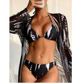Three-piece striped bikini set with mesh long sleeve cover-up in black, white, blue, or red, sizes XS to XXL