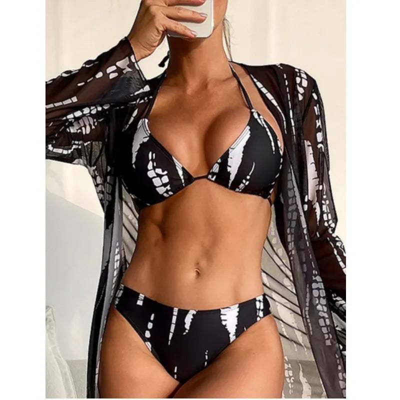 Three-piece striped bikini set with mesh long sleeve cover-up in black, white, blue, or red, sizes XS to XXL