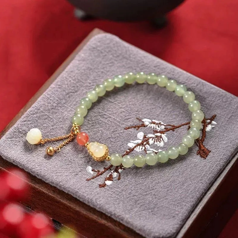 Qingshui jade women's bracelet with fu character and gold gourd motif, 6mm gold plated beads