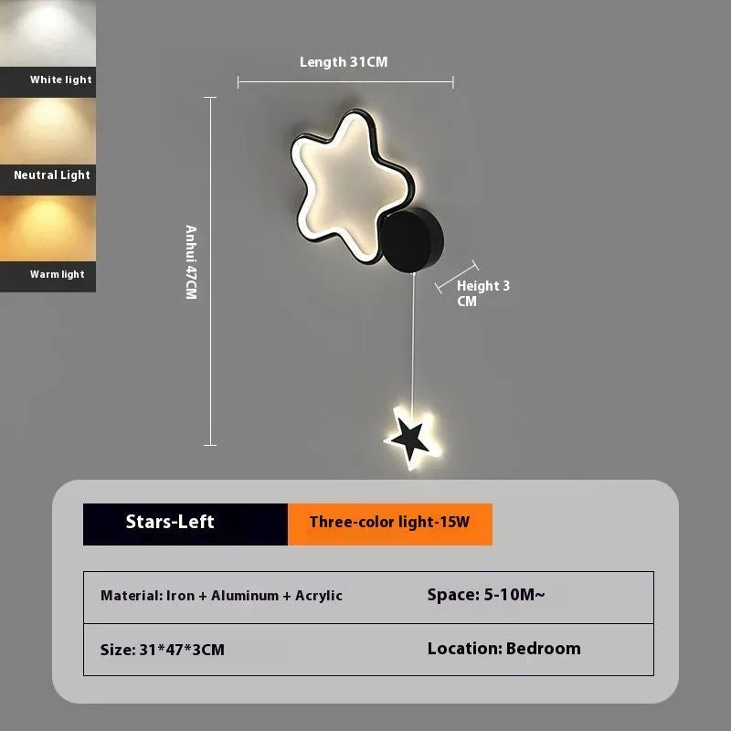 Five-pointed star shaped children's bedside wall lamp with cloud and star motifs in black finish
