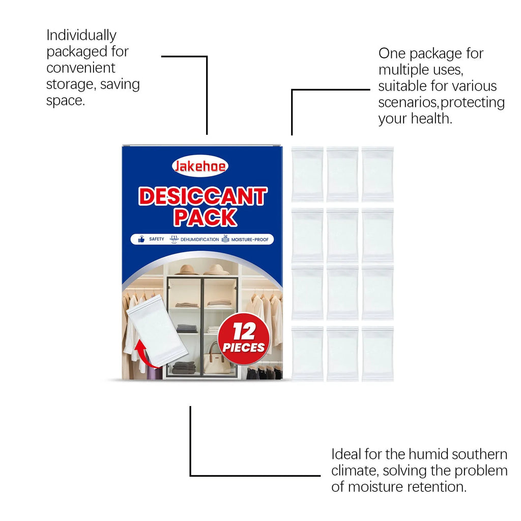 12-pack calcium chloride desiccant for household moisture absorption, each piece approx 10x7x2cm