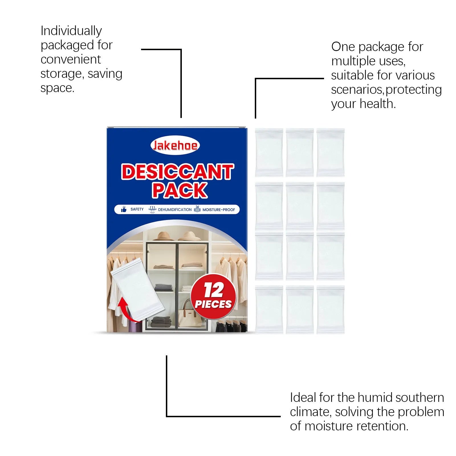 12-pack calcium chloride desiccant for household moisture absorption, each piece approx 10x7x2cm