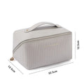 Beige cubic makeup bag with vertical pattern design showing 22.5cm height, 12.5cm width dimensions