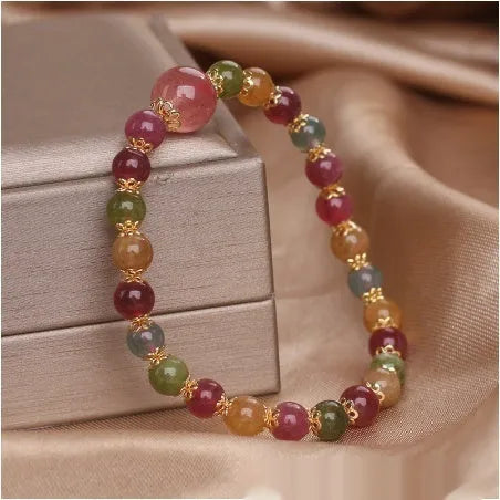Colourful tourmaline strawberry quartz women's bracelet with 6mm round beads
