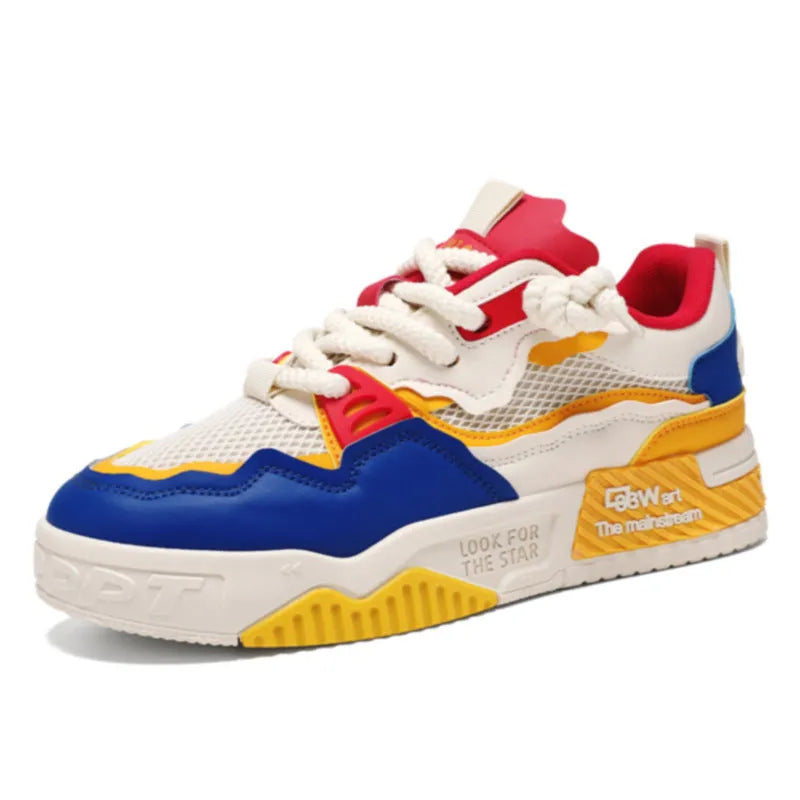 Men's low-top board shoes in white and yellow, white and black, and beige with soft rubber soles and mesh lining.
