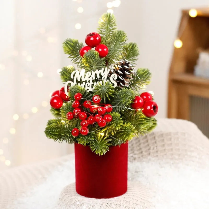 32cm desktop Christmas tree with pine cone ornaments and LED lights in red colour option