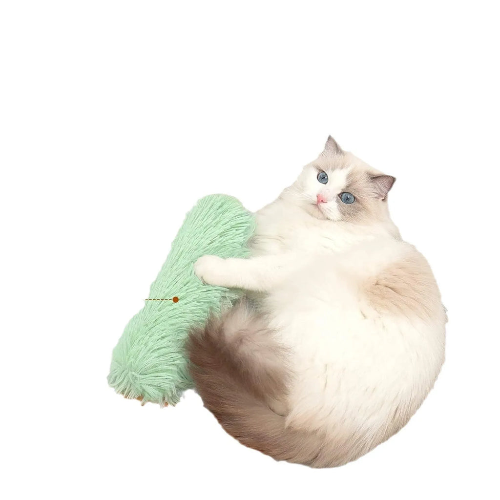 27cm by 10cm plush cat toy pillow in blue, green, pink, or white colour options