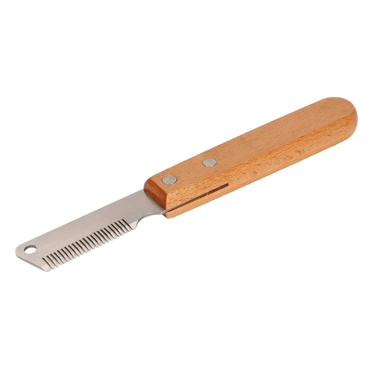 Pet stripping comb with wooden handle for grooming cats and dogs, removes floating hair and tangles.