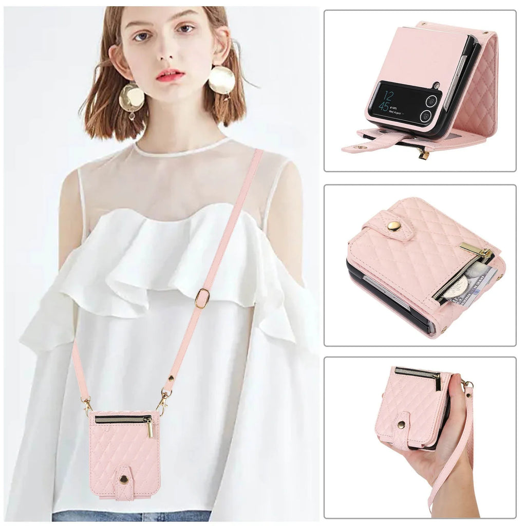 Crossbody PU leather phone case for Samsung Z Flip with card slot, zipper bag, and lanyard in black.