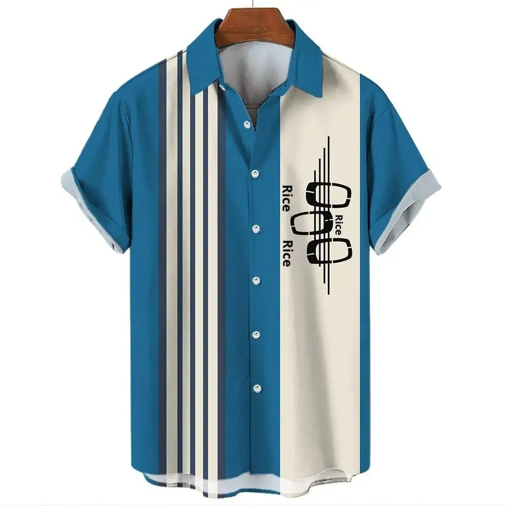 Men's striped Hawaiian shirt with button-up front and short sleeves showing elastic fabric stretch