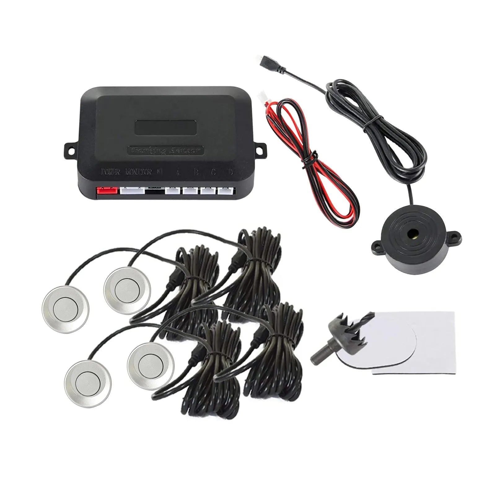 4-probe buzzer reversing radar system with sensors, control module, and installation tools for vehicle parking safety