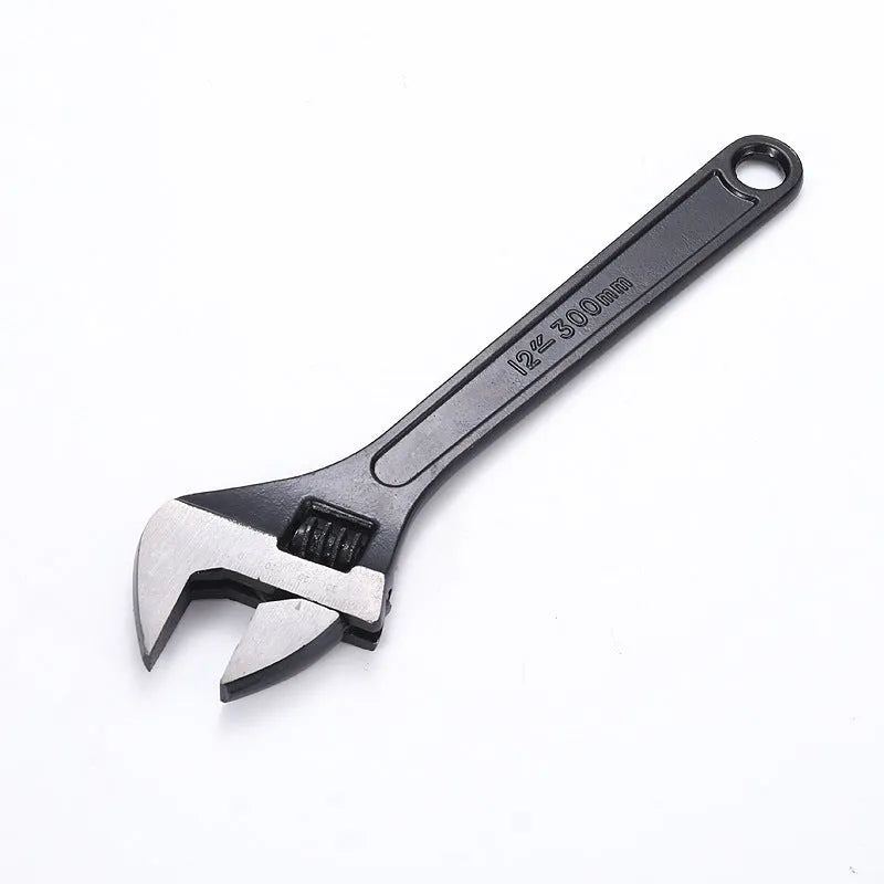 Stainless steel adjustable wrench with blackening treatment, ergonomic handle, and adjustable jaw for bolts up to 49mm