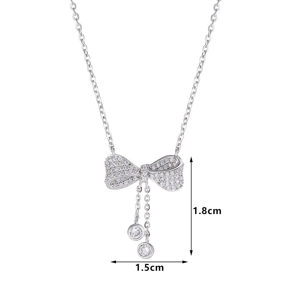 S925 sterling silver bow necklace with adjustable 40-45cm chain and electroplated silver finish