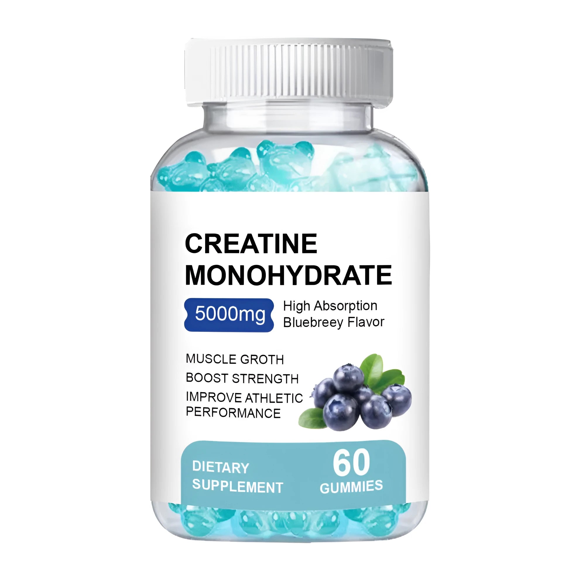 Sealed pack of Creatine Monohydrate Gummies showing 60 pieces inside, with cold storage icon.