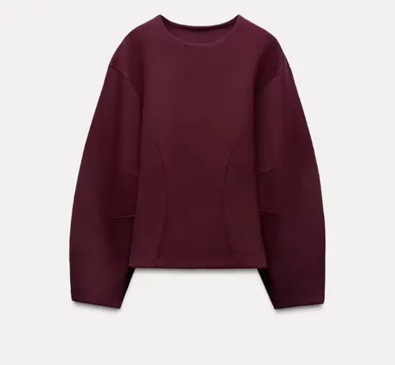 Women's long sleeve O-neck pleated top and wide leg trousers suit set in polar fleece, non-ironing, with pocket details