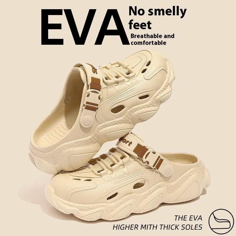 Men's khaki outdoor slippers with hollow-out design and textured EVA non-slip sole