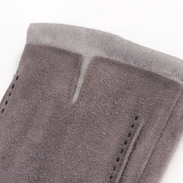 Men's suede winter gloves in black, brown, or grey, wrist length, for autumn and winter