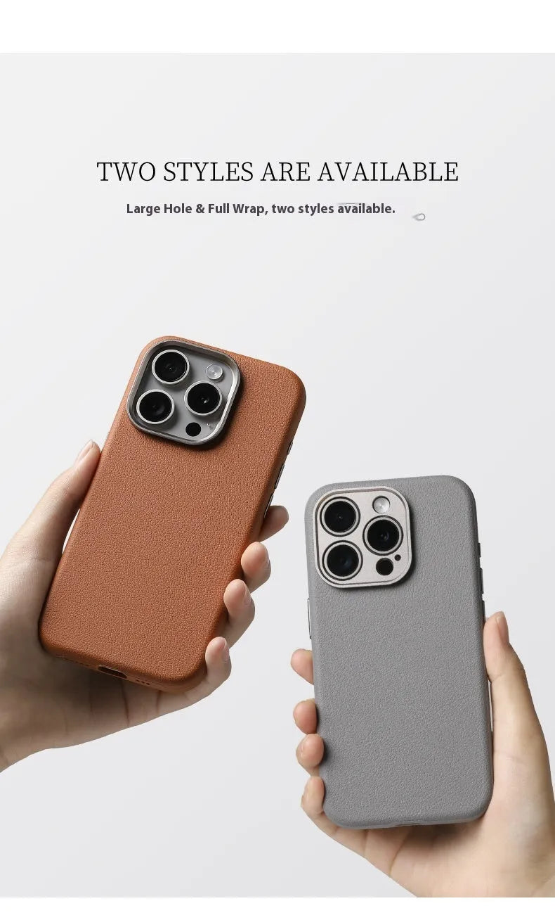 Leather MagSafe compatible iPhone case with metal alloy lens surround in black, brown, and grey colour options
