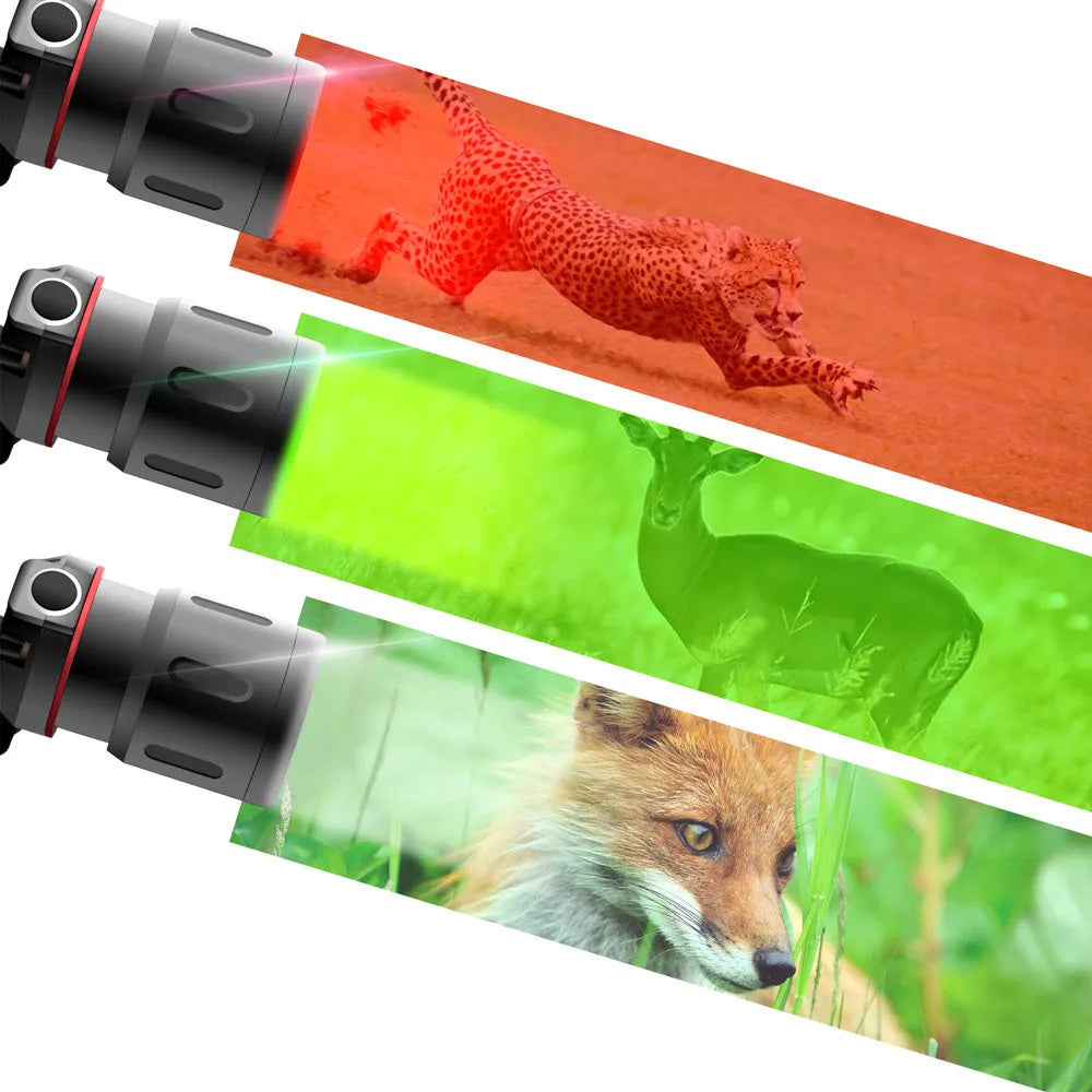 T6 LED headlamp with zoomable head, showing white, red, and green light options, powered by 18650 batteries