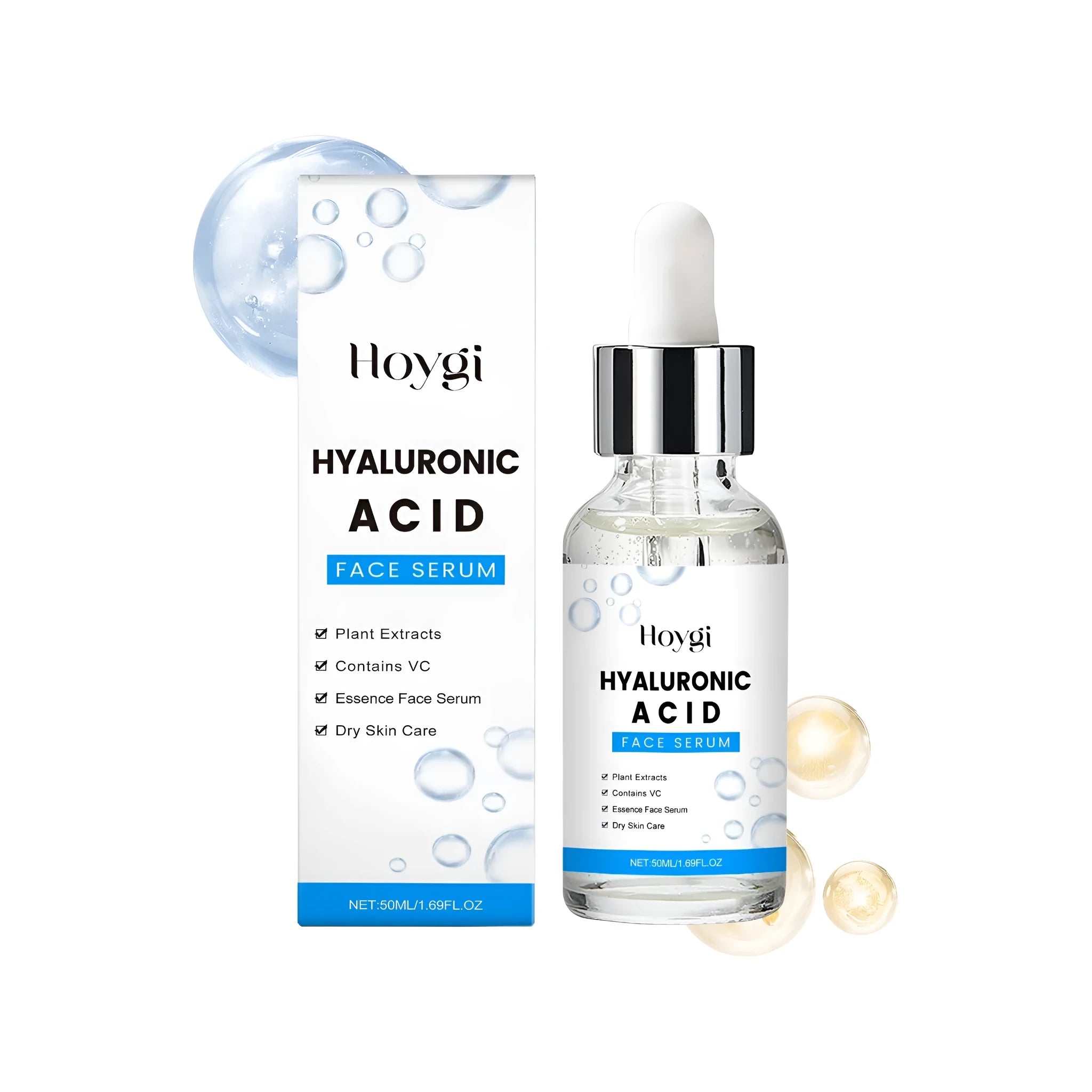 50ml bottle of hyaluronic acid and vitamin C face serum for anti-aging skincare