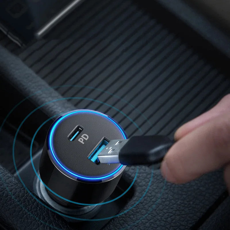 Dual-port car charger with 12-24V input, 5V-20V output, 3000mA current, 63 x 35 x 35mm, models A2229 and A2721