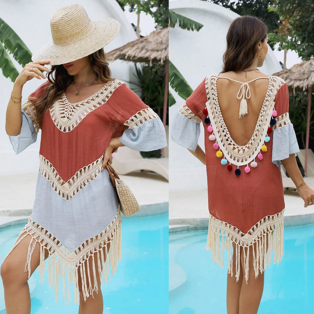 Beach overskirt with hand crochet stitching and bamboo cotton tassels in orange floral pattern