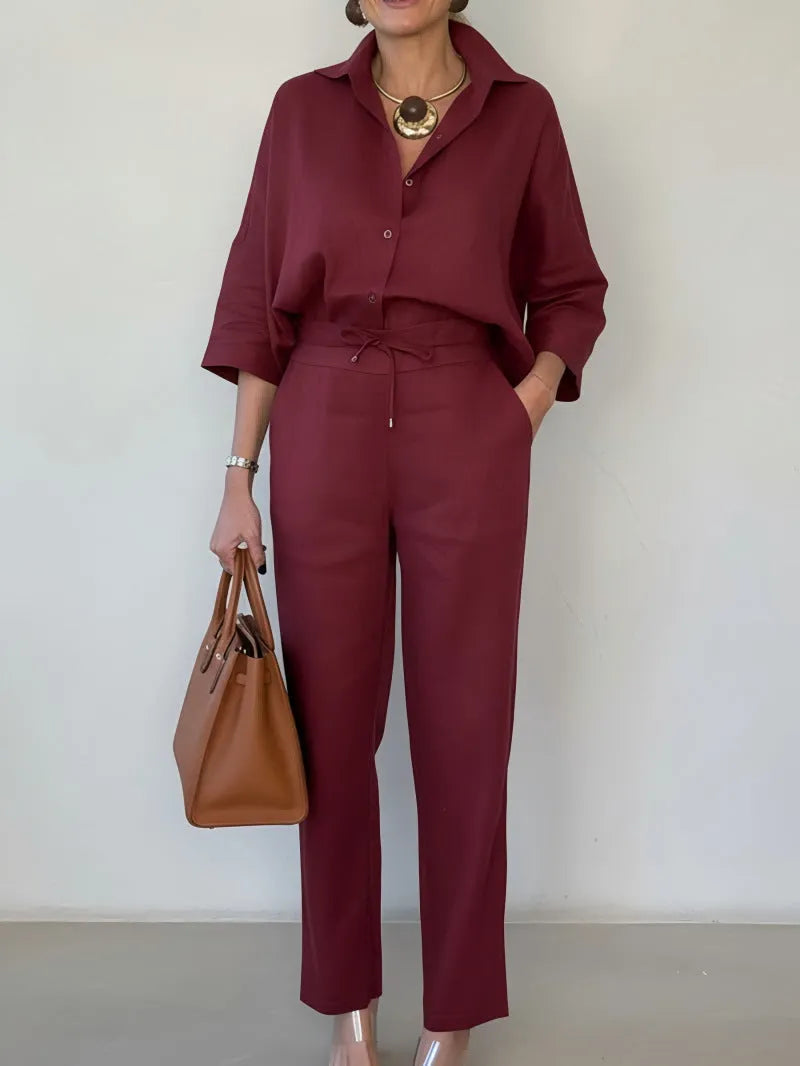 Women's two-piece polo collar shirt and trousers set in solid army green, wine red or orange, sizes S to 3XL