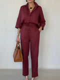 Women's two-piece polo collar shirt and trousers set in solid army green, wine red or orange, sizes S to 3XL