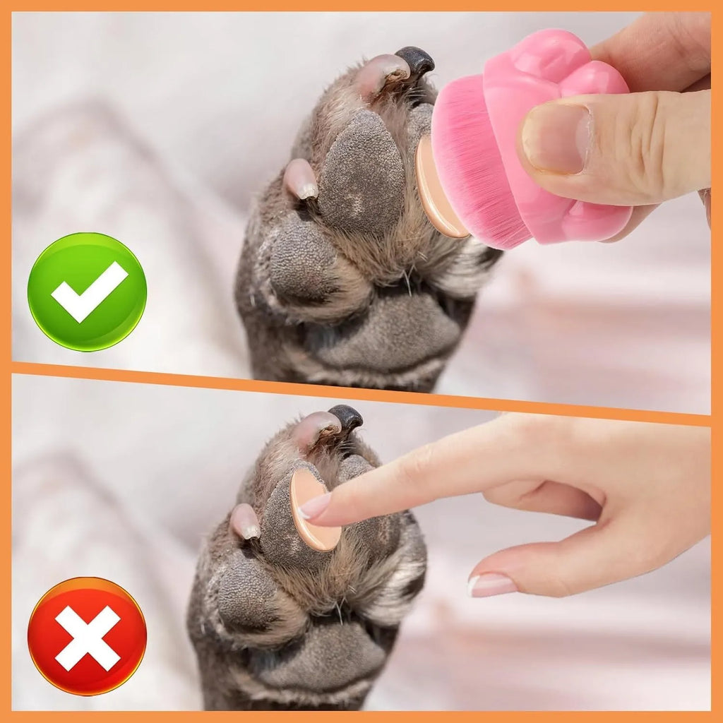 Set of three paw-shaped pet balm brushes with individual plastic storage boxes.