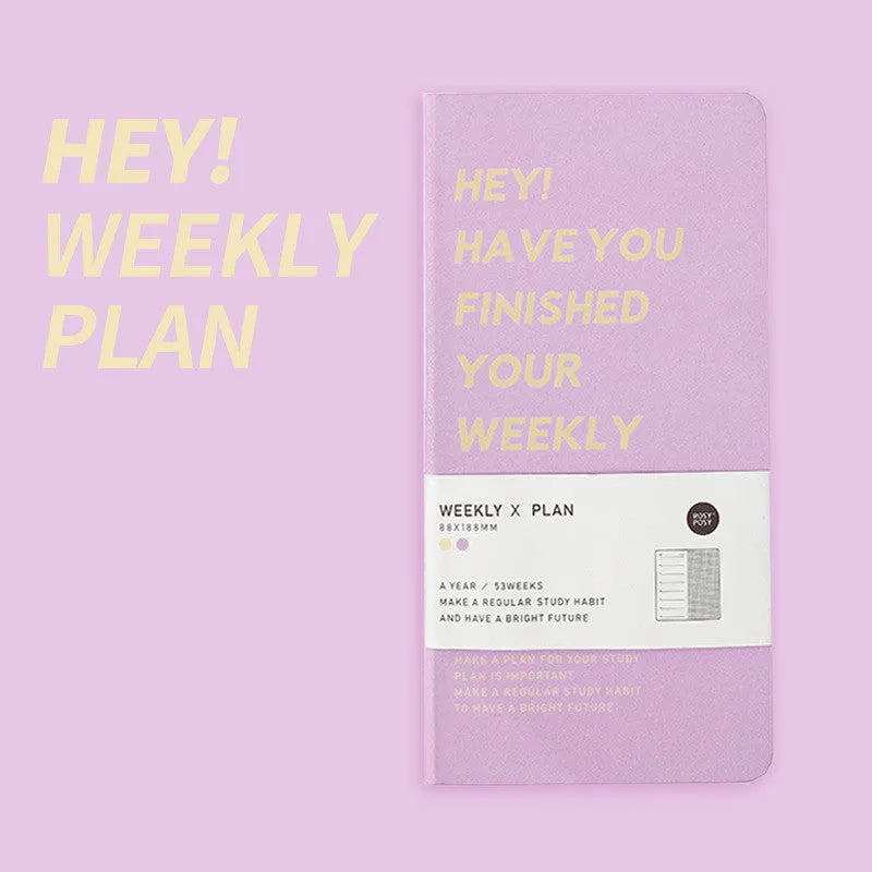 Weekly plan diary handbook in A5 size showing four colour options: blue, brown, green, purple