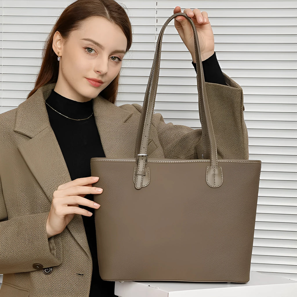Genuine leather women's large tote bag with organised compartments in horizontal square design