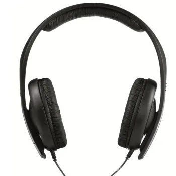 Black head mounted monitor stereo headphones with microphone and 3.5mm plug