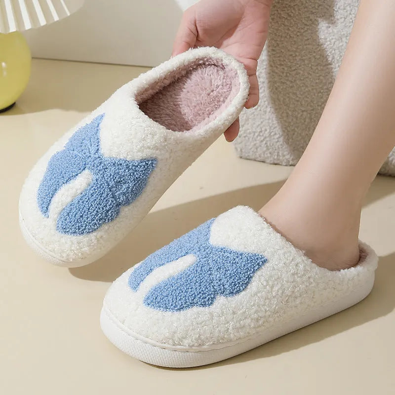 Cartoon bow knot cotton slippers with suede upper and TPR sole in pink and blue colour options