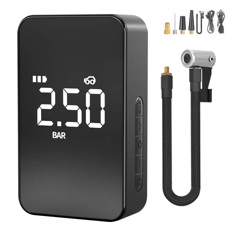 Wireless digital tyre inflator pump showing 145mm by 86mm by 48mm dimensions with LED display and four nozzles