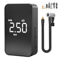 Wireless digital tyre inflator pump showing 145mm by 86mm by 48mm dimensions with LED display and four nozzles