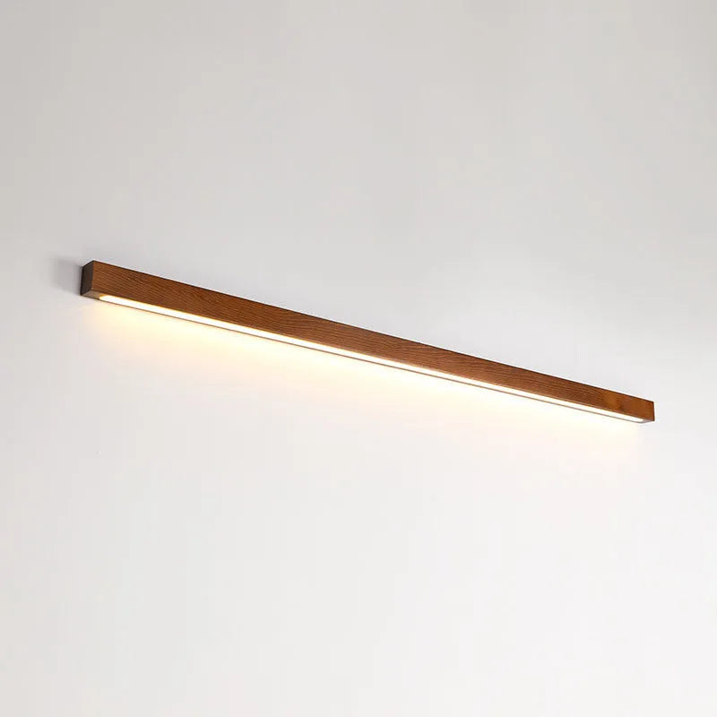 Walnut colour wooden strip wall lamp with LED lighting in minimalist rectangular design