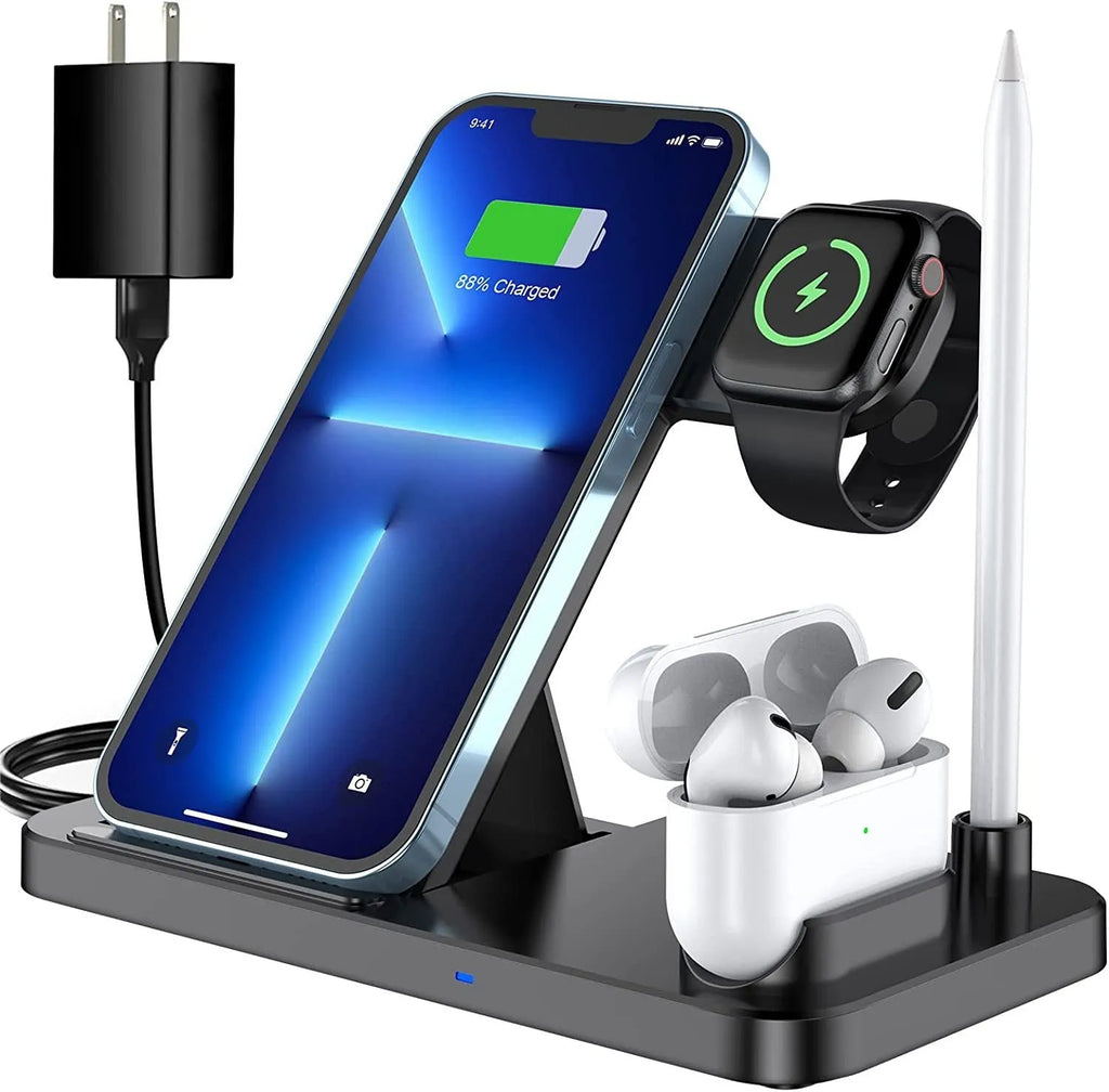 Black four-in-one wireless charging station with QC3.0 charging head