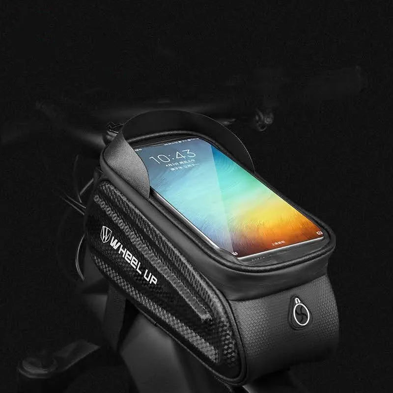 Black and grey mountain bike phone bag with reflective strips mounted on bicycle handlebars