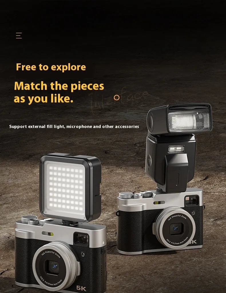 Black 5K HD digital camera with dual lenses, 2.88-inch screen, and optical viewfinder on a table