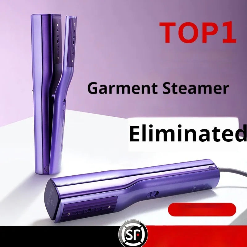 Handheld garment steamer showing its nozzle, controls, and plastic clip on a white background.