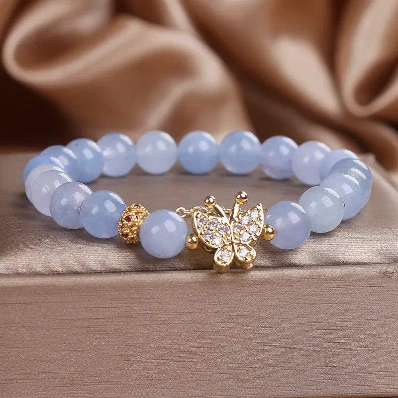 Sky blue butterfly crystal bracelet for women with pearls and rhinestones