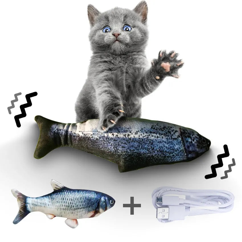 Multicolour 30cm electric jumping fish cat toy with a USB charging cable.
