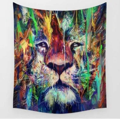 Bohemian animal print polyester tapestry shown as wall hanging and beach blanket
