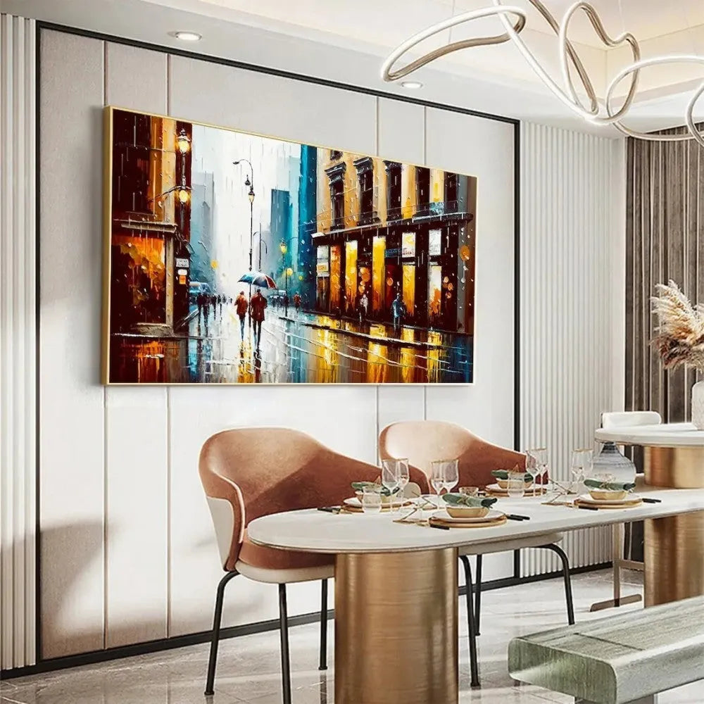 Handmade abstract urban architectural oil painting on canvas, horizontal framed-less rolled wall art for modern home decor