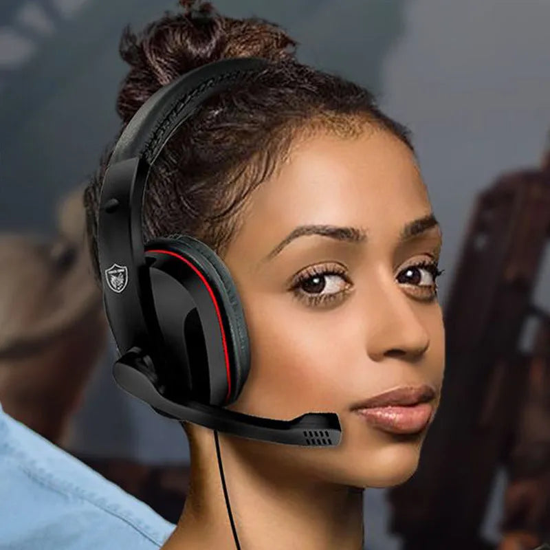Black wired gaming headset with 40mm drivers, 1.2m cable, and 6.3mm straight plug for computer audio