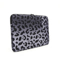 Leopard print laptop sleeve showing interior flannel lining, suitable for 13-inch to 16-inch devices with anti-shock protection