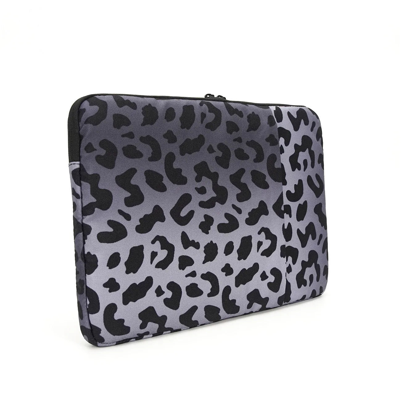 Leopard print laptop sleeve showing interior flannel lining, suitable for 13-inch to 16-inch devices with anti-shock protection