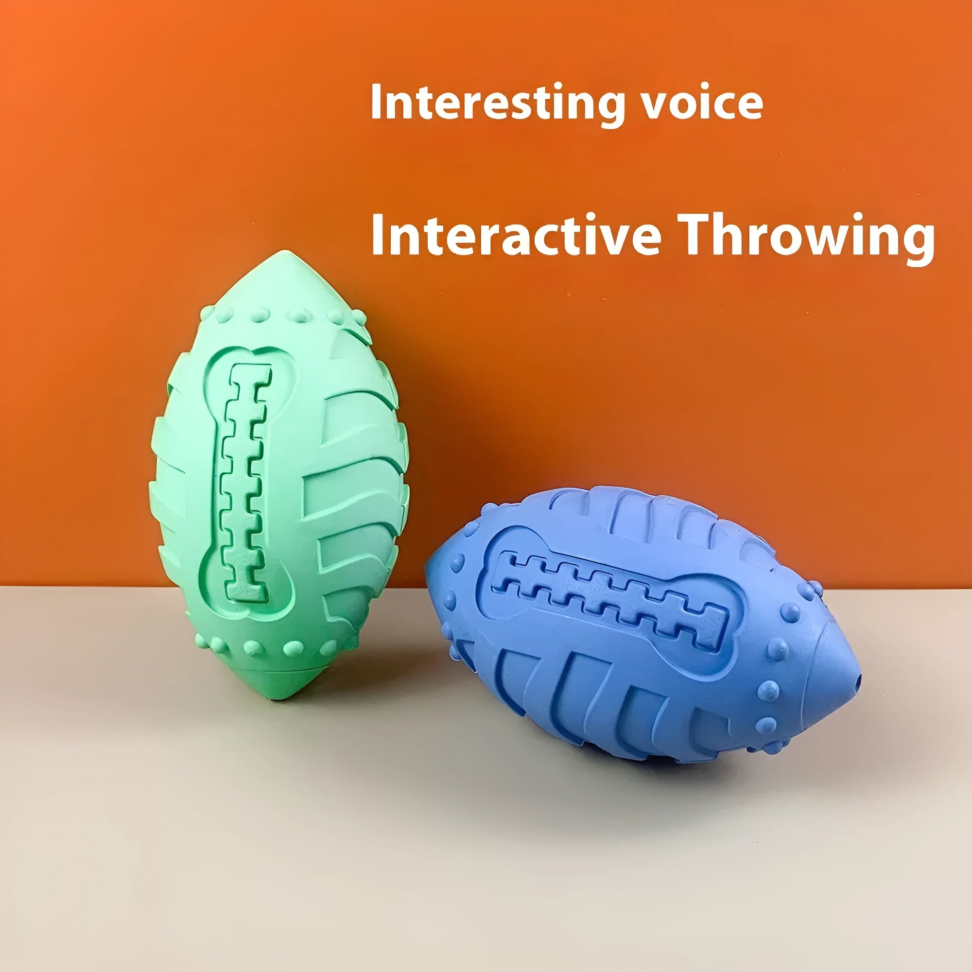 Light green rubber rugby ball dog toy with bite-resistant texture for interactive play and teeth cleaning.