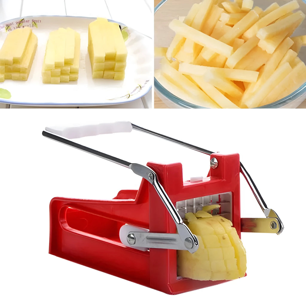 A potato cutter chopper with two stainless steel blades and a non-slip rubber foot on a kitchen counter.