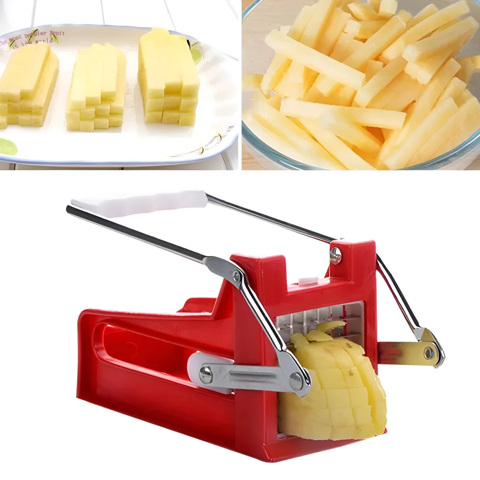 A potato cutter chopper with two stainless steel blades and a non-slip rubber foot on a kitchen counter.